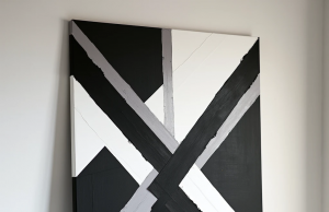 Gráficos de fita adesiva: abstrações geométricas Arte abstrata moderna criada com fita, padrões geométricos em preto e branco