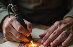 Бумага + огонь: выжигание узоров (безопасные методы) Художник создает пирографию на бумаге с помощью безопасного электрического инструмента