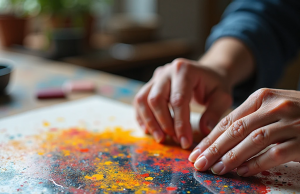 Монотипия: как сделать уникальные отпечатки Руки художника, прижимающие бумагу к закрашенной стеклянной пластине в процессе монотипной печати