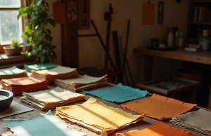 🌿 Como fazer papel em casa: receitas e dicas Oficina de fabricação de papel caseiro: são apresentadas folhas artesanais prontas de diferentes cores e texturas