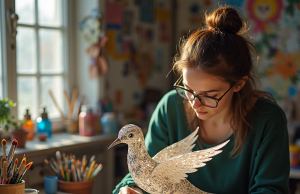 Como fazer esculturas de papel com uma armação de arame Oficina de um artista criando uma escultura de papel de um pássaro com estrutura de arame