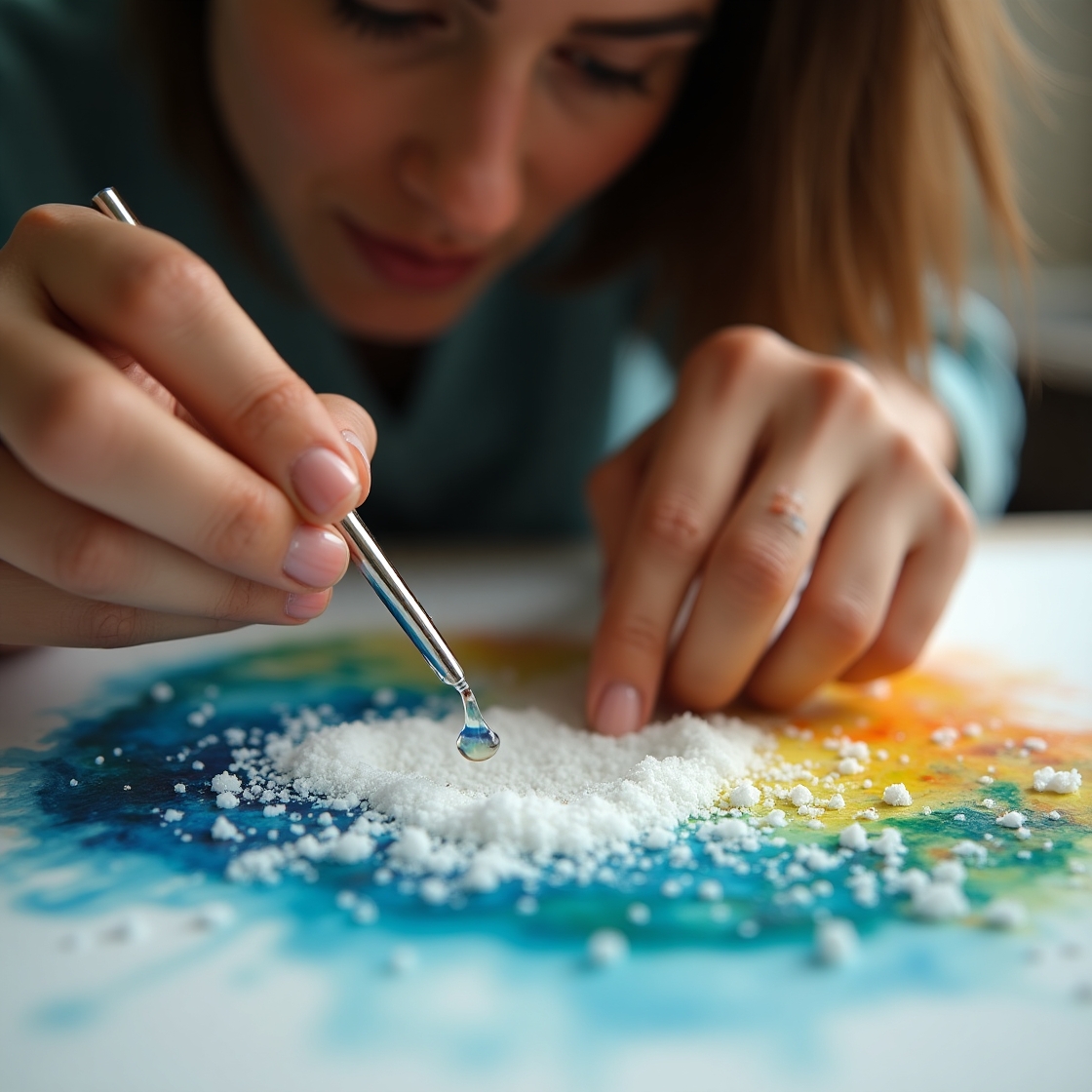 Um artista adiciona gotas de álcool a aquarelas de sal