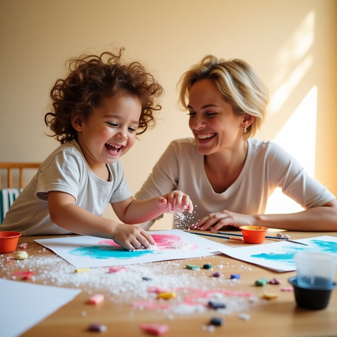 Uma criança e um adulto criam juntos uma aquarela de sal