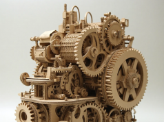 ⚙️ Kağıttan mühendislik yapıları: kartondan çalışan dişliler ve mekanizmalar nasıl yapılır Steampunk tarzında karton dişlilerden yapılmış karmaşık mekanizma