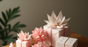 🎁 Origami for gift wrapping: the art of giving emotions through paper crafting Elegant composition: several gifts wrapped with origami techniques - boxes, envelopes, decorative flowers, all in the same style