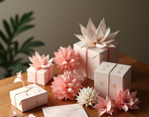 🎁 Origami for gift wrapping: the art of giving emotions through paper crafting Elegant composition: several gifts wrapped with origami techniques - boxes, envelopes, decorative flowers, all in the same style
