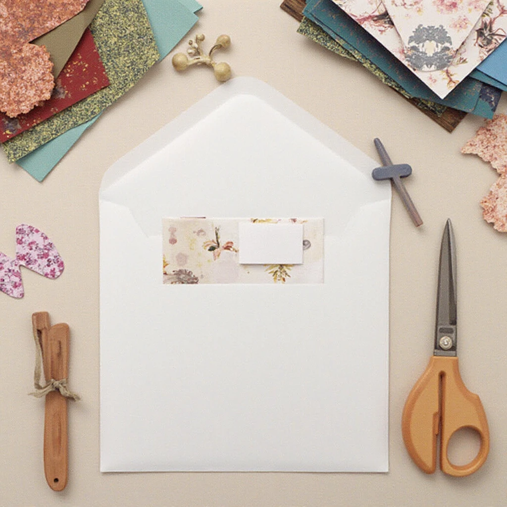 Gömlek zarfı oluşturmak için malzeme seti: farklı renklerde tasarım kağıdı, kemik bıçağı, cetvel, kurşun kalem