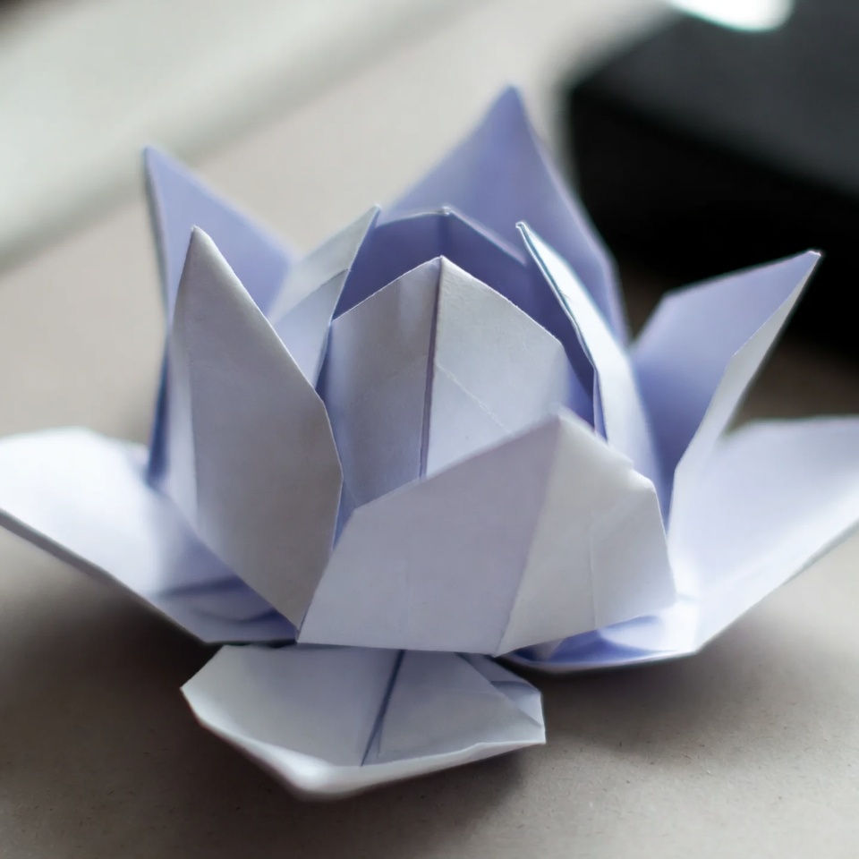 Бумажный лотос с несколькими уровнями лепестков на промежуточном этапе сборки.