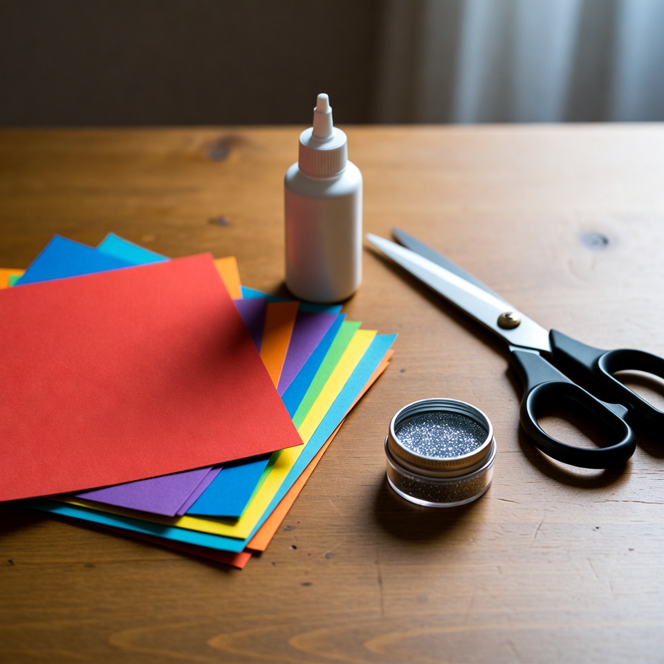 Красочный набор материалов для создания бумажной медузы: разноцветная бумага, ножницы, клей, блёстки