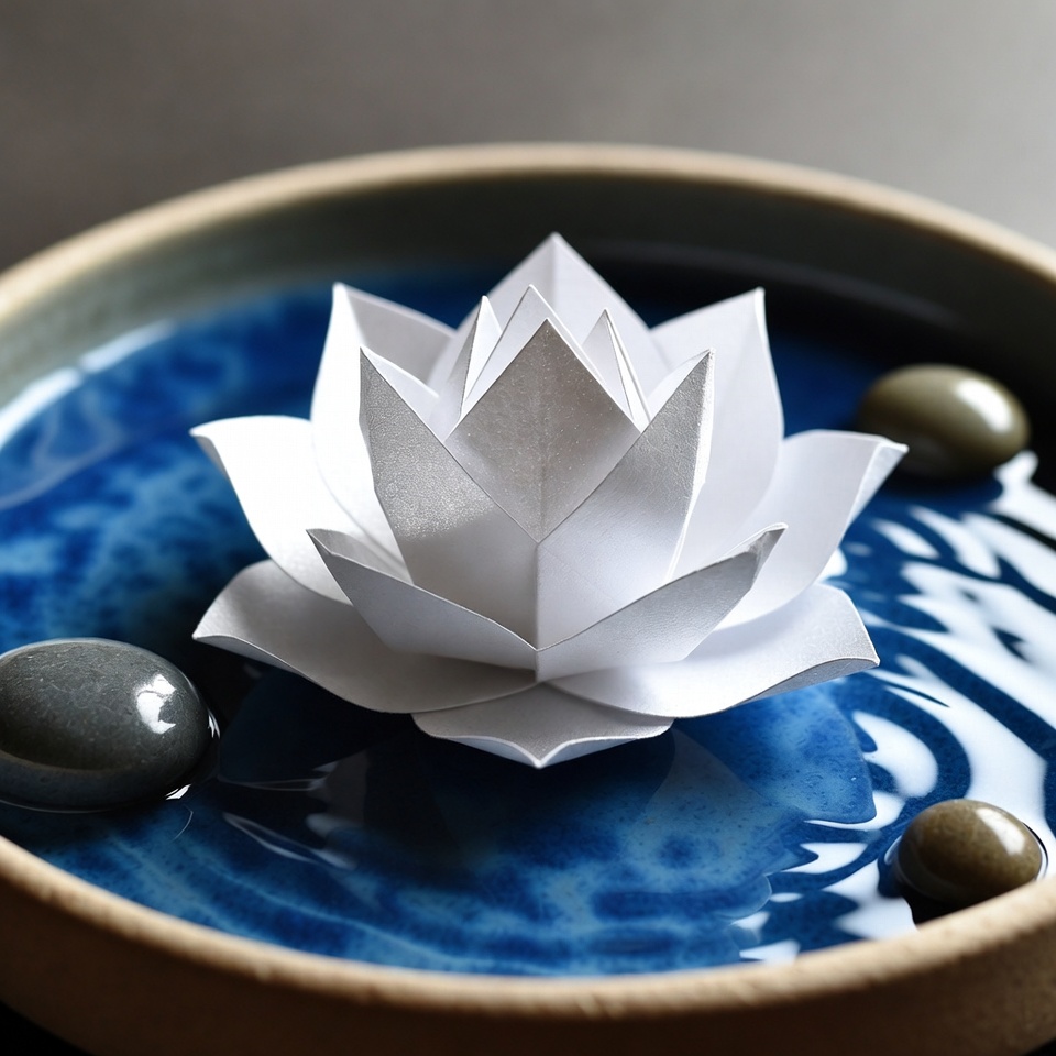 Изящный белый лотос в технике оригами, плавающий на поверхности воды в миске.