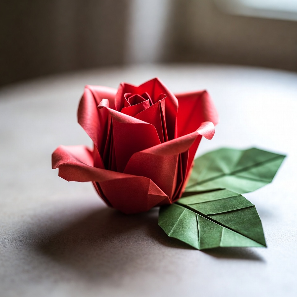 Готовая красивая роза в технике оригами, сделанная из красной бумаги.