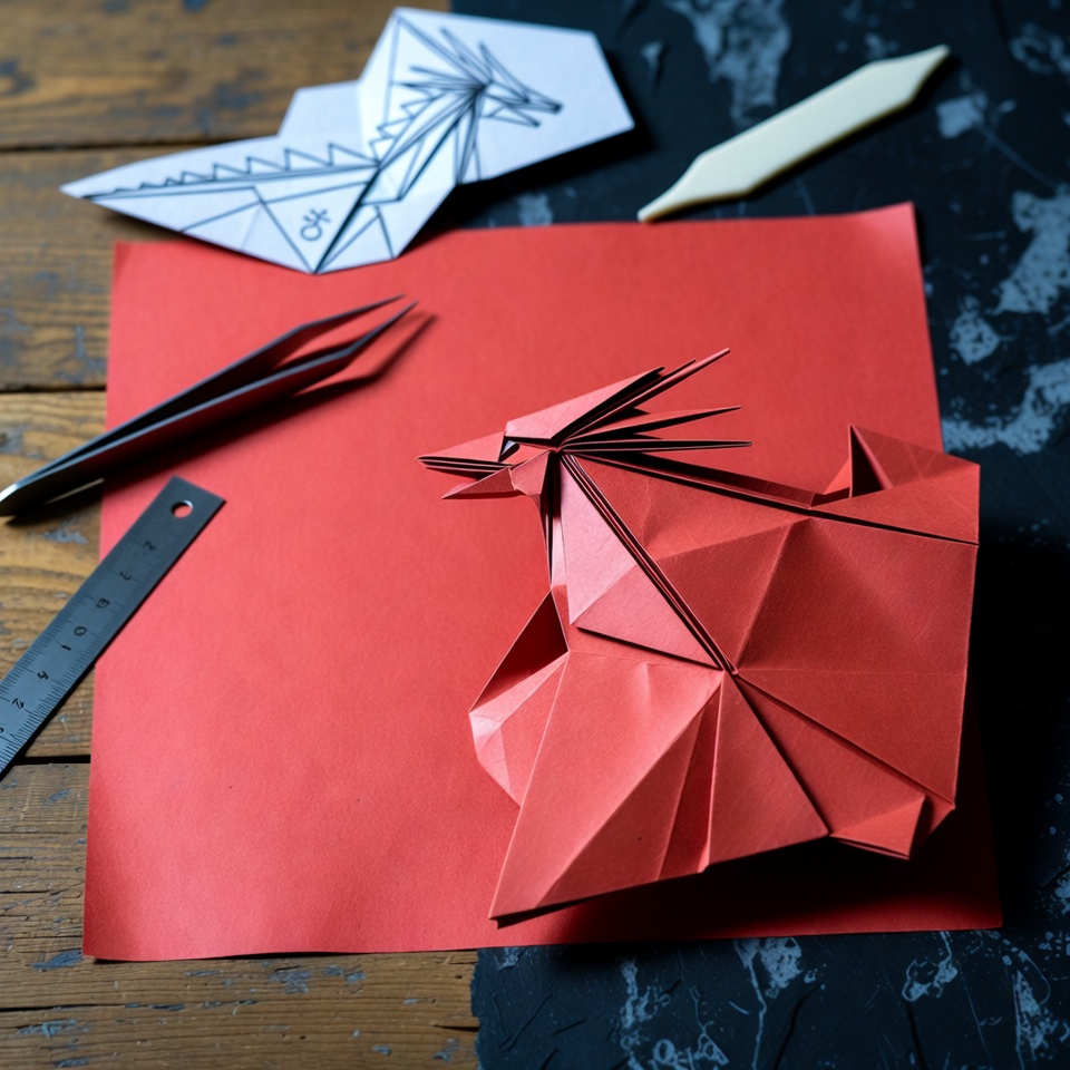 L'étape intermédiaire du pliage du dragon est une pièce de papier détaillée comportant de nombreux éléments.