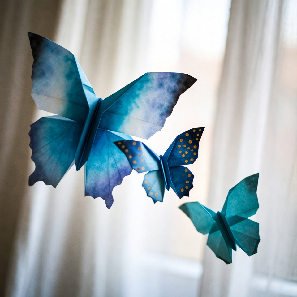 Комплект пеперуди оригами в модерни градиентни цветове, украсени със златни декорации.