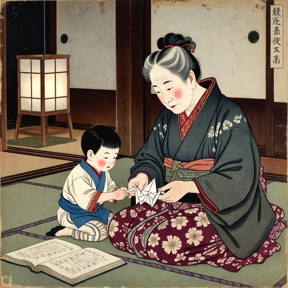 Eine Szene aus der Edo-Zeit: Die Weitergabe der Origami-Kunst in einer japanischen Familie als Teil der Alltagskultur und der Kindererziehung.
