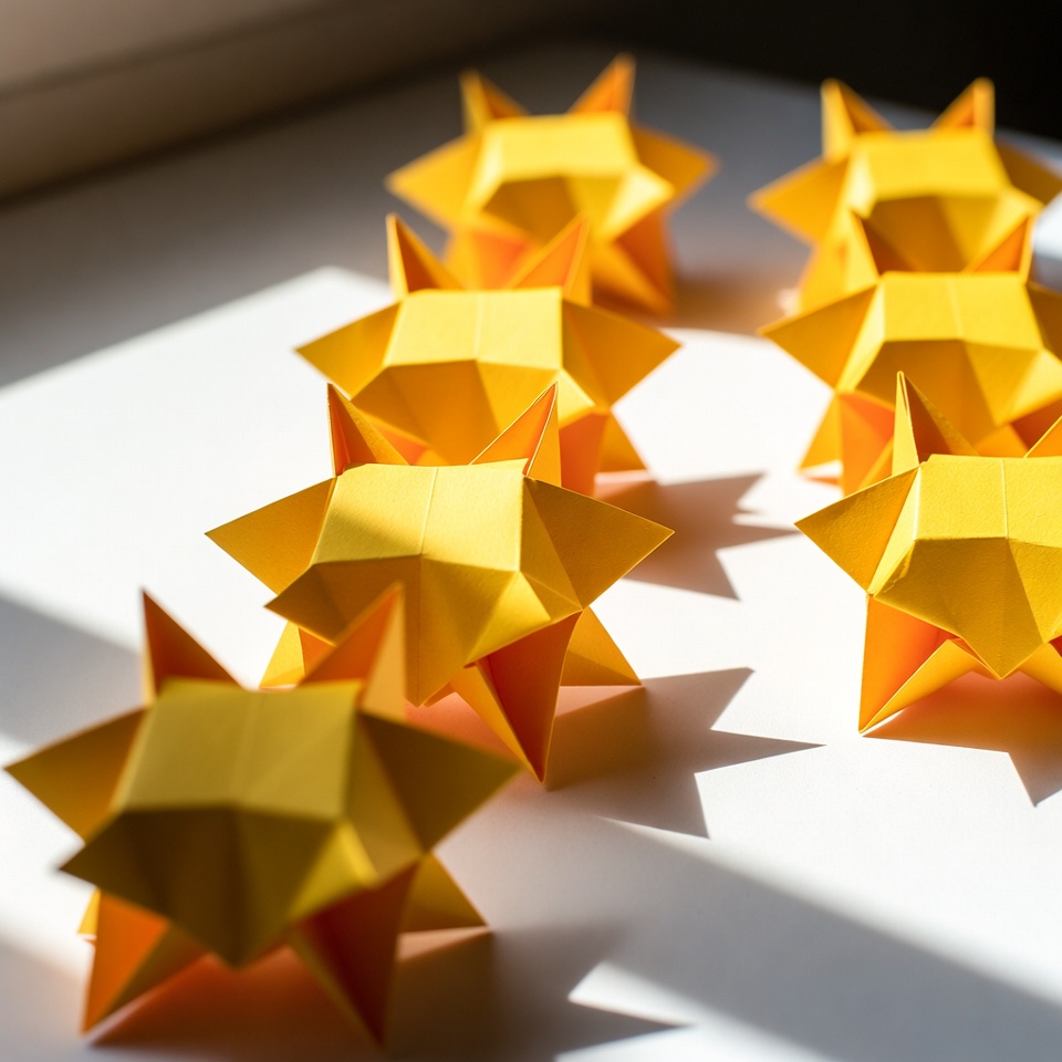 Жълти хартиени заготовки за лъчи, за да създадете триизмерно слънце оригами.