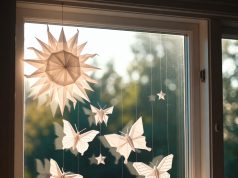 Origami na okna: 2026 letnich dekoracji, które wpuszczą słońce i motyle do domu Gotowa kompozycja okienna z papierowego słońca i motyli, tworząca dynamiczny wzór świetlny w pomieszczeniu.