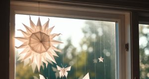 🌞 Оригами для окон: Летние декорации 2026, чтобы впустить солнце и бабочек в дом Готовая оконная композиция из бумажного солнца и бабочек, создающая динамичный световой рисунок в комнате.