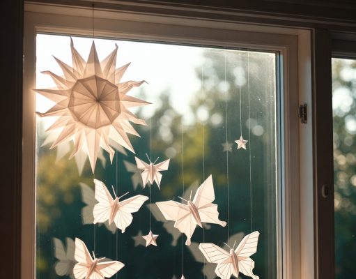🌞 Оригами для окон: Летние декорации 2026, чтобы впустить солнце и бабочек в дом Готовая оконная композиция из бумажного солнца и бабочек, создающая динамичный световой рисунок в комнате.