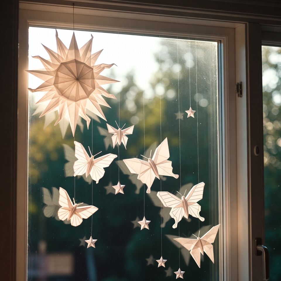 Готова композиция за прозорец от хартиено слънце и пеперуди, която създава динамичен светлинен модел в стаята.