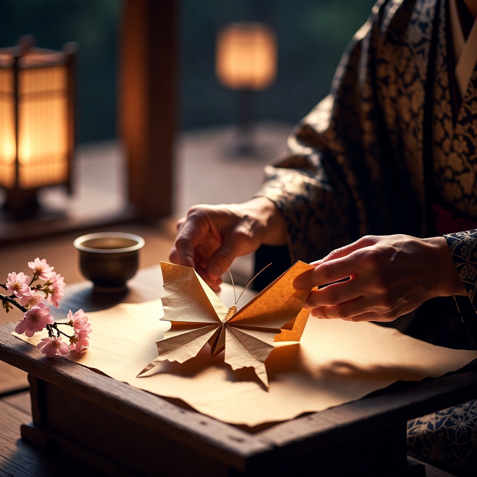 Die rituelle Verwendung von Origami (Orikata) im alten Japan: Falten eines Papierschmetterlings für eine Shinto-Zeremonie.