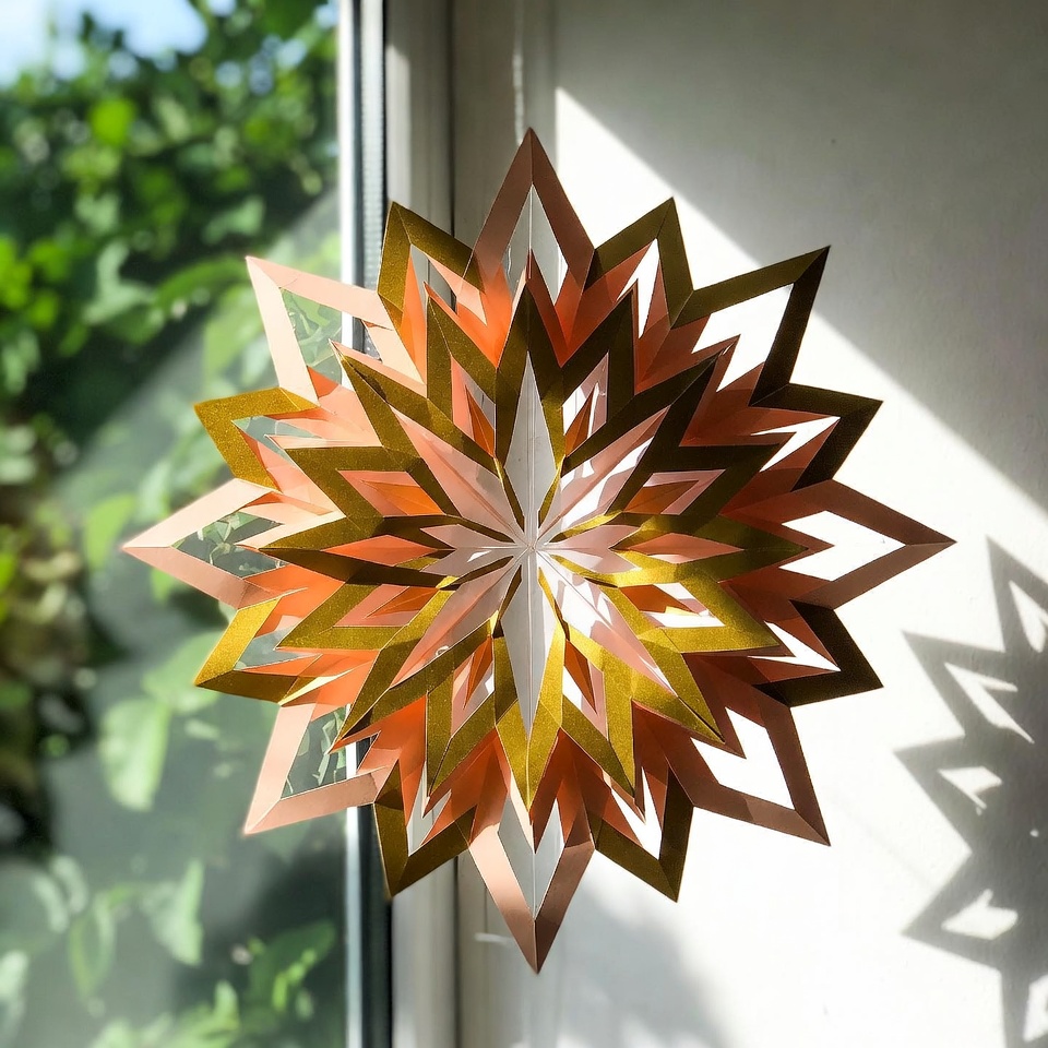 Слънце от оригами под формата на геометрична мандала, окачено на прозореца и хвърлящо сложни сенки.
