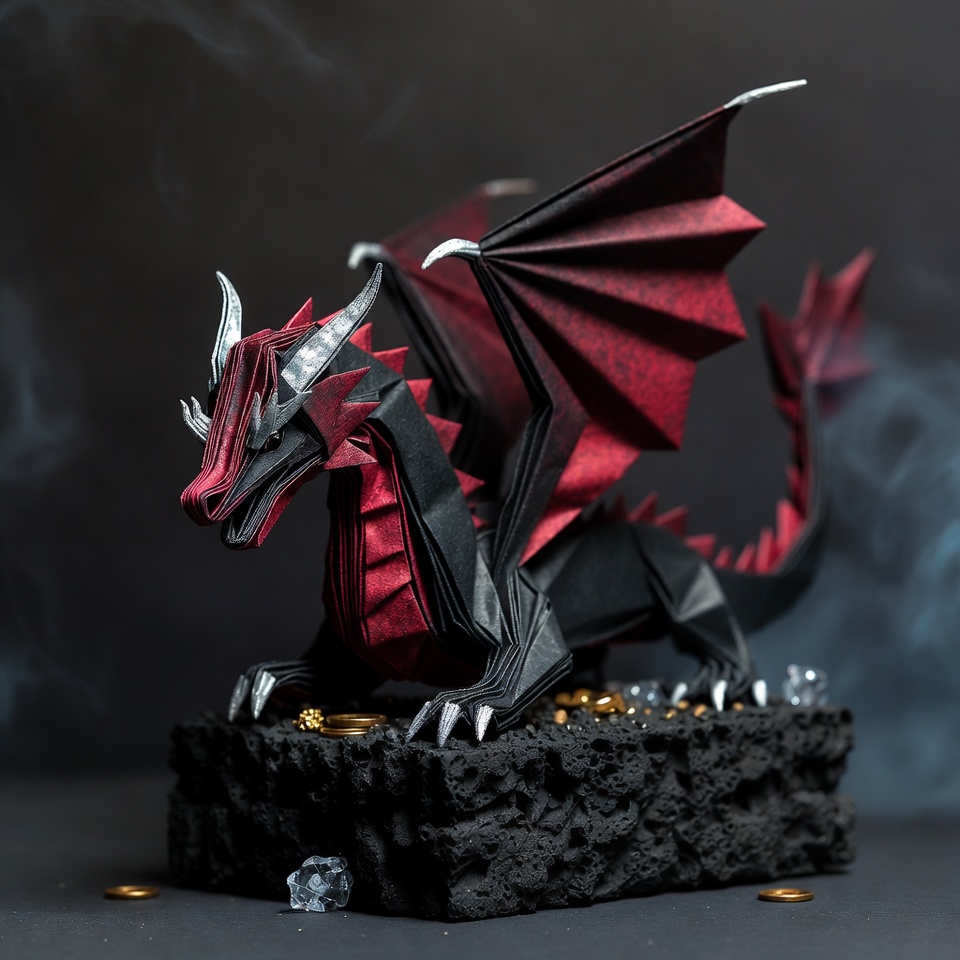 Travail final : un dragon réaliste en origami dans une composition fantastique avec une décoration détaillée.
