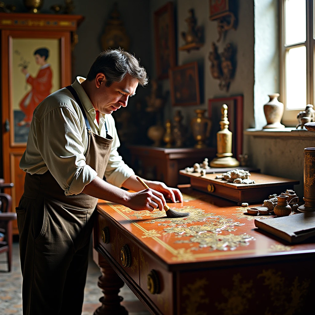 Венецианский мастер XVII века покрывает лаком мебель, декорированную в технике декупаж для имитации восточных инкрустаций.