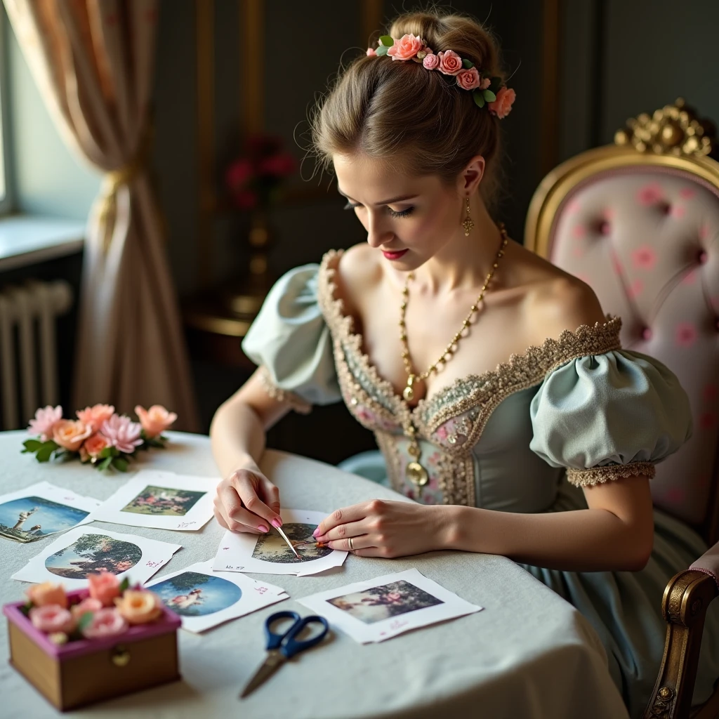 Мария-Антуанетта или придворная дама за занятием декупажем во французском дворце XVIII века.