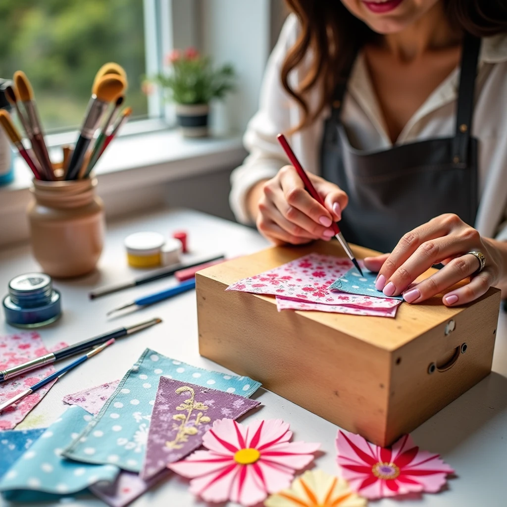 Современный процесс декупажа: мастер приклеивает фрагмент салфетки на деревянную шкатулку, используя кисть и клей.