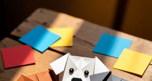 Как сделать простое оригами-животное: 10 идей для начинающих. Готовые мордочки собак в технике оригами, сложенные из цветной бумаги, с нарисованными глазами и носиками.