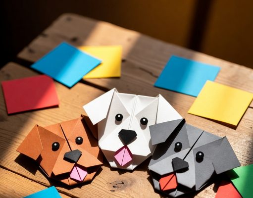 Как сделать простое оригами-животное: 10 идей для начинающих. Готовые мордочки собак в технике оригами, сложенные из цветной бумаги, с нарисованными глазами и носиками.